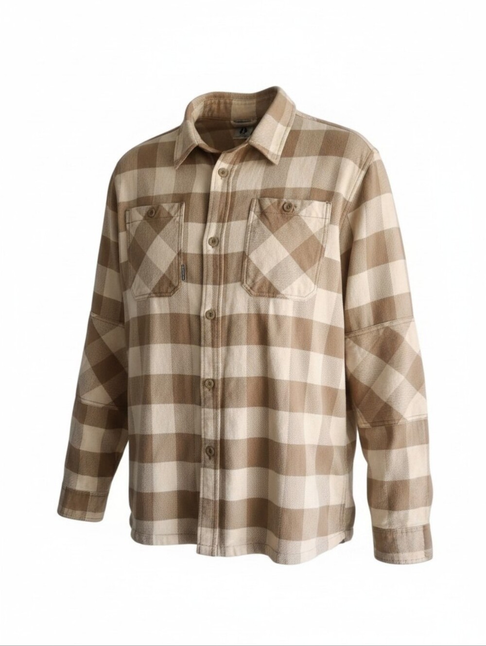 Bearded Goat Ozark Utility Flannel Shirt Tan Buffalo Plaid Long Sleeve Sz Large
